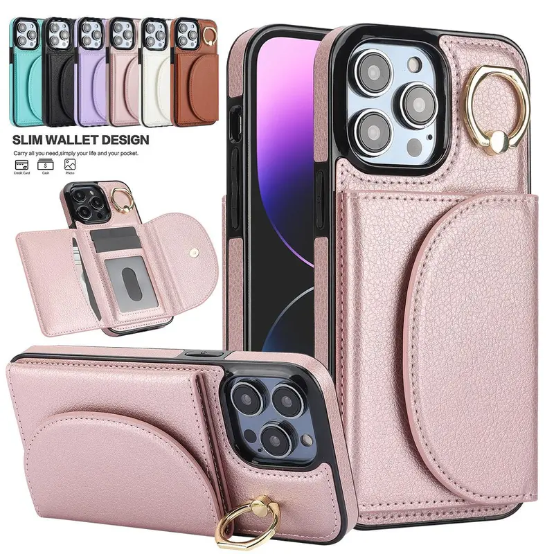 Oceantree PU Leather Protective Cover for iPhone 16,15 Pro Max,14,13,12,11 - Handheld Smartphone Cellphone Accessory with Card Pocket, Ring Kickstand, Durable Shockproof Protection