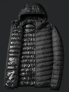 Men's Spring and Autumn Lightweight Down Jacket Casual Style Solid Color Duck Down Filling Nylon Fabric Non-Stretch Regular Fit with Pockets Windproof Hooded Jacket