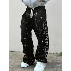 Men's American Style Autumn Sweatpants, Starry Sky Rhinestone Pants, Fashionable Washed Straight Leg Streetwear Joggers, Casual Streetwear Trousers