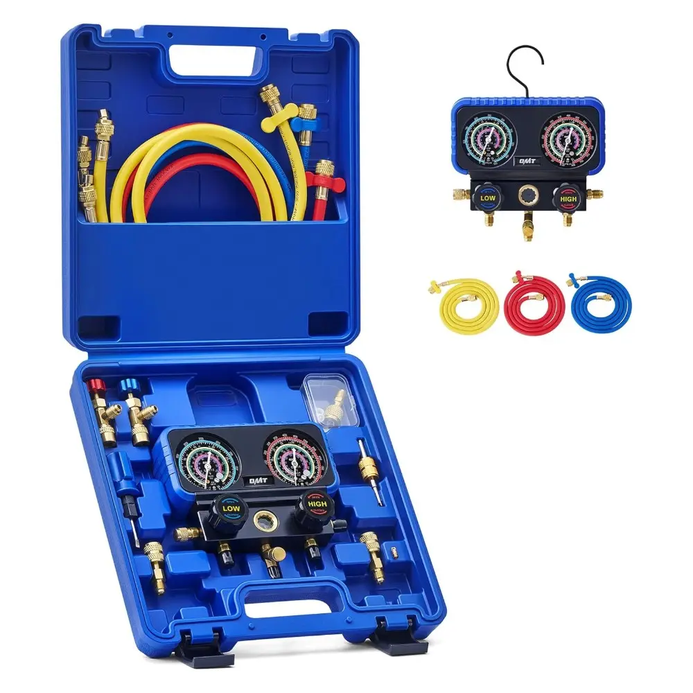 Orion Motor Tech AC Gauge Set, 3-Way AC Manifold Gauge Set for R410A R32 R22 R454B Refrigerant with 5ft Hoses, A/C Gauge with R410 R12/R22 Safety Valves R410A R32/R454B Adapters Valve Core Wrench