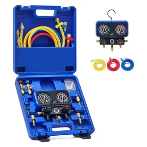 Orion Motor Tech AC Gauge Set, 3-Way AC Manifold Gauge Set for R410A R32 R22 R454B Refrigerant with 5ft Hoses, A/C Gauge with R410 R12/R22 Safety Valves R410A R32/R454B Adapters Valve Core Wrench, fathersdaygift