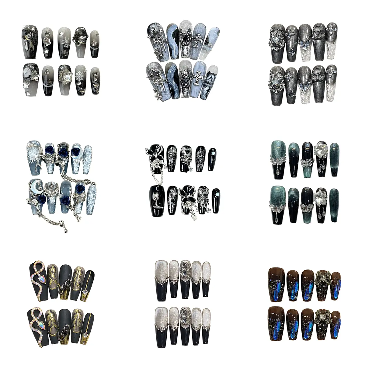 Assorted Long Coffin Press On Nails Set, Multiple Gothic And Luxe Styles With Crystal, Chain And Unique Decorations, Handmade Reusable Acrylic Fake Nails For Fashion Variety, Acrylic Nail Kit, Nail Inspo
