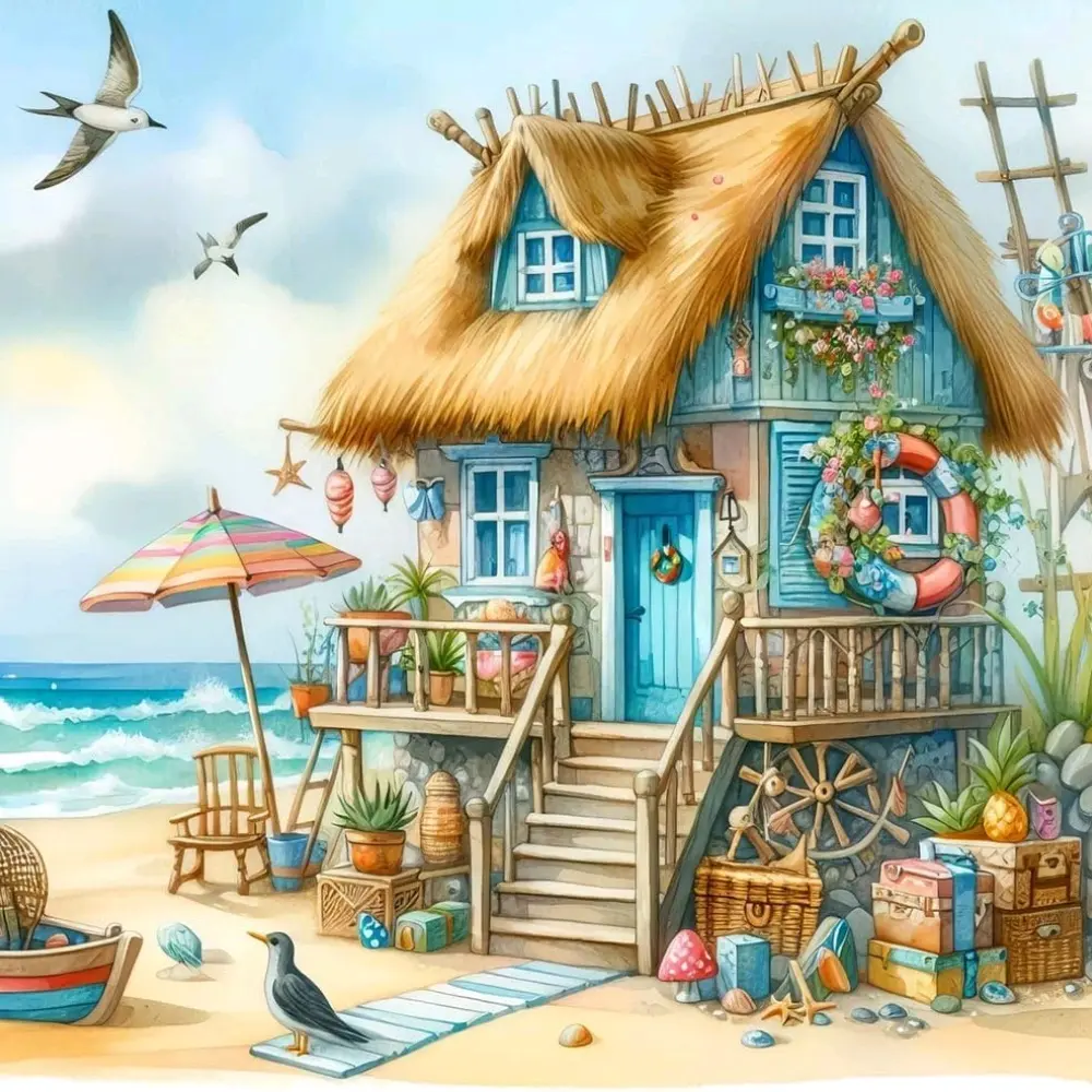 Seaside Thatched Cottage Seagull Shell Beach Watercolor Painting Diamond Painting 5D DIY Diamond Painting Kit Full Drill Square Round Diamonds Embroidery Cross Stitch Art Craft Home Wall Decor Art Gift Decorative Painting Set, Handcraft Handmade Gifts