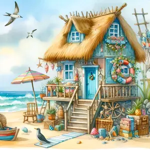 Seaside Thatched Cottage Seagull Shell Beach Watercolor Painting Diamond Painting 5D DIY Diamond Painting Kit Full Drill Square Round Diamonds Embroidery Cross Stitch Art Craft Home Wall Decor Art Gift Decorative Painting Set, Handmade Gifts