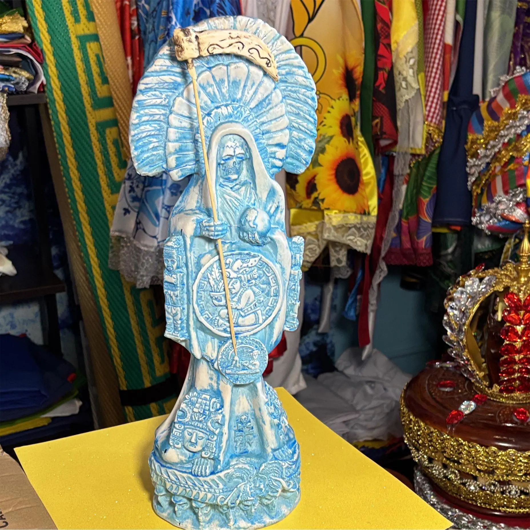 Santa Muerte Aztec statue 16 inch Blue For mental clarity Charged and Cleansed Curada made in Mexico