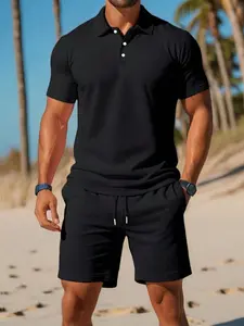 Men's Summer Casual Quick-Dry Polo Shirt Set, Business Short Sleeve T-Shirt + Pocketed Quick-Dry Shorts, Daily Wear, Office, Outdoor Sports, Clothes