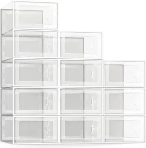 X-Large Shoe Storage Box Fit Size 11, Clear Plastic Stackable Shoe Organizer for Closet, Space Saving Foldable Shoe Rack Sneaker Container Bin Holder, 12 Pack Clear