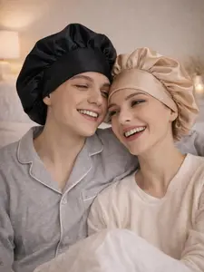 Double Layer Satin Silk Bonnet 2-Pack – Adjustable Sleep Caps for Hair Protection, Frizz Control, Black & Khaki