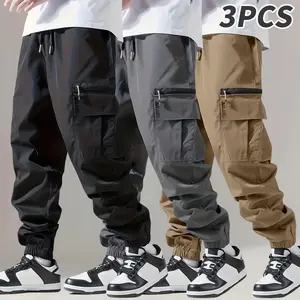 Men’s 3-piece set casual solid-color cargo pants with pockets, suitable for outdoor activities and sports; trendy loose work pants ideal for tall men; menswear, perfect for spring and summer outdoor work.