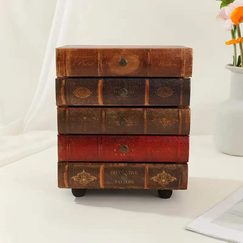 Vintage 5-Layer Book-Shaped Wooden Storage Box, American Style, Classic Design, with Drawers and Base - Perfect for Jewelry, Crafts and Bedroom Decoration, Light Brown, Desk Accessories Retro Style Decorative Finish, Shelf Decoration