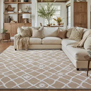 8x10 Area Rug for Living Room Beige Brown Washable Bedroom Rug Non Slip Soft Moroccan Shag Checkered Carpet Boho Dining Room Office Playroom Nursery