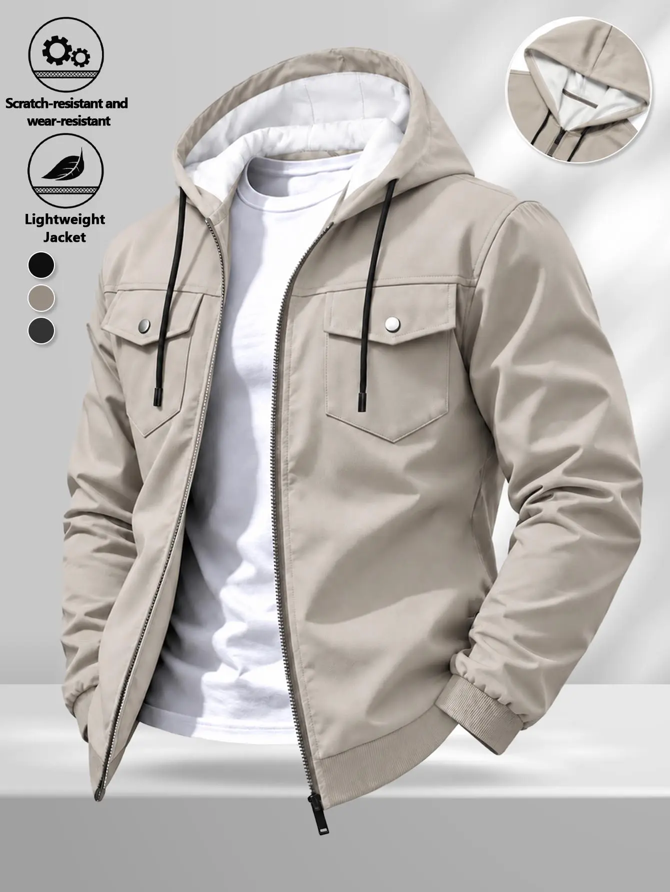 Men's Solid Color Hooded Cargo Jacket Drawstring Lightweight Zip Up Casual Outer Coat