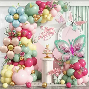 Spring Floral Butterfly Balloon Arch Kit,155Pcs Pastel Rose Red Yellow  Green Balloon Garland with  Stickers Daisy Butterfly Foil Balloons for Fairy  Shower Birthday  Party Decorations