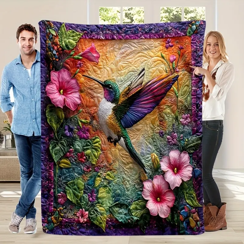 Bohemian Style Flannel Fabric Blanket with Hummingbird & Floral Print - Boho Chic Aesthetic, Soft Texture, Warm All-Season Throw for Home & Travel Indoor Use, Machine Washable Mixed Colors Gift