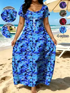Plus Size Women's Camouflage Letter Print Dress, Short Sleeve Round Neck, Slim Fit Pocket Design, Casual Daily Wear, Beach & Home, Womenswear