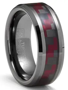 Mens Gunmetal Tungsten Carbide Ring Black Red Carbon Fiber Inlay Wedding Band 8MM