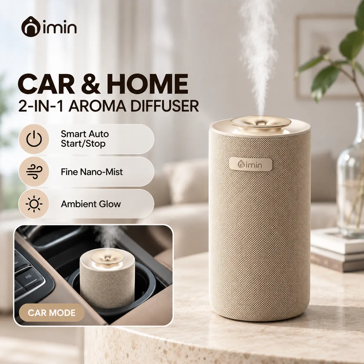 Nimin  Car & Home Aroma Diffuser - Device Only: Waterless Pure Oil Diffusion, Rechargeable & Plug-in, Adjustable Fragrance Modes, Quiet Operation, Covers Up to 50m²