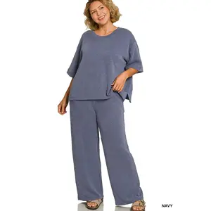 Plus Size Ribbed Lounge Set – Curvy Short Sleeve Tee & Wide Leg Pants Two Piece Outfit (1X–3X)