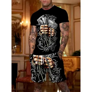 New Summer Casual Two-Piece Set - Ultra-Soft Round Neck T-Shirt with Trendy Street Elements, Featuring a 3D Digital Print of a Dollar Pattern, Paired with Lightweight Breathable Pocket Shorts for Men - Perfect for Outdoor Activities.