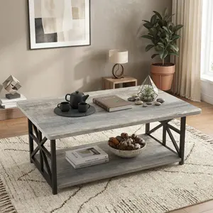 Faux Marble Top Rectangular Coffee Table with Black Metal Frame, 2-Tier Modern Center Table with Storage Shelf, Stylish Accent Table for Living Room, Office, Balcony & Home Decor