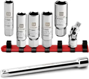 3/8 Inch Drive Spark Plug Socket Set SAE & Metric, High Visibility 6 Point Sockets CR-V Steel, Mirror Polished Sockets with Rubber Retaining Rings-Spark Plug Removal Tool for Car Repair 7PCS