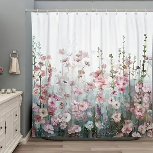 Colorful Flowers Shower Curtain for Bathroom, Pink Floral Wildflower Plants Curtain, 72 x 72 inch