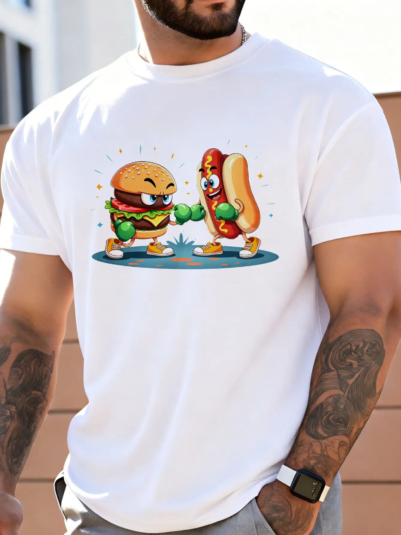 Men's "Snack Showdown" Crew Neck Short Sleeve T-Shirt - Fun Food Cartoon Print, Soft Fabric, Casual Breathable, All Seasons Everyday Wear, Cookouts Essential for Food Lovers, 2026 Menswear White Top