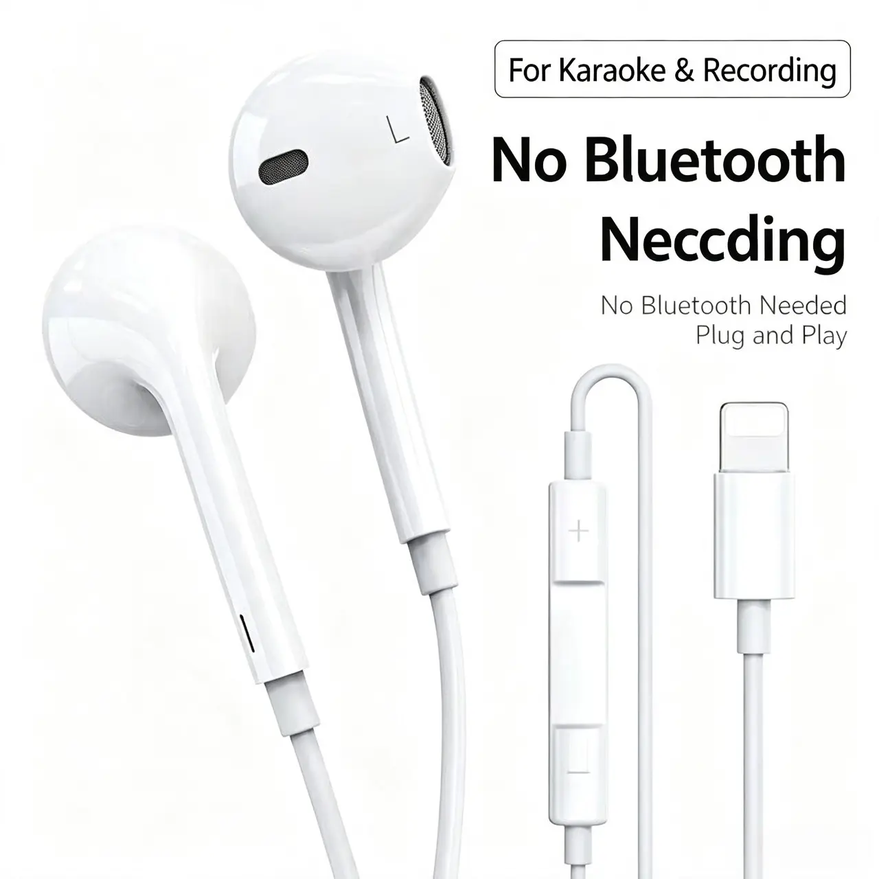 Lightning Wired Earphones with Mic, Plug and Play Stereo In-Ear Headphones for iPhone, Volume Control, Karaoke Recording Monitoring, Hands-Free Calling