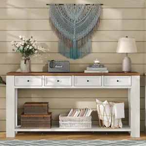 FUSOU 63‘’  Farmhouse Console Table, Entryway Table with 4 Drawers & Open Shelf, Sofa Table Behind Couch,  Farmhouse Sofa Table for Living Room