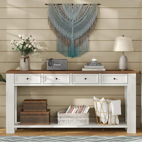 [Shipping by 2 Packages] FUSOU 63'' Console Table, Sofa Table Behind Couch, Entryway Table with 4 Drawers & Open Shelf, Farmhouse Sofa Table for Living Room (White)