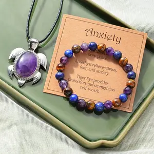 2PCS Amethyst Turtle Necklace and Natural Gemstones Amethyst Yellow Tiger Bracelet, Natural Gemstones Bracelets Jewelry Gifts