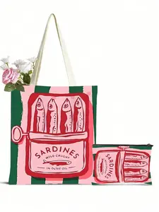 Women's Reusable Tote Bag, Stylish Tote Bag, Summer Beach Bag, Handbag and Cosmetic Bag Set - Pink and Green Striped Sardines Can Print Lightweight Polyester Shopping Bag, Fixed Shoulder Strap Design, Suitable for Beach, Picnic