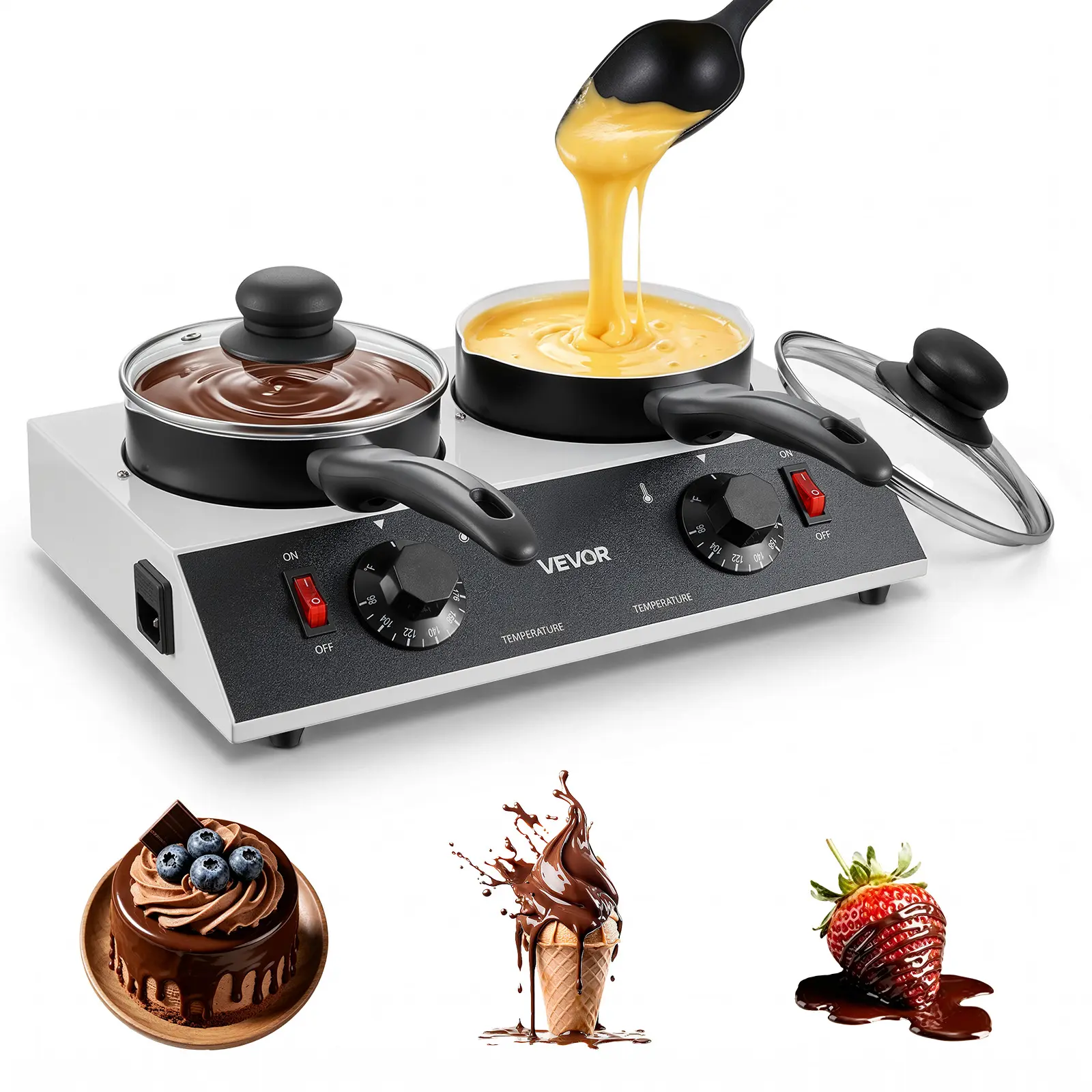 VEVOR Chocolate Melting Pot - 2 x 1 QT Pots, 86℉ - 185℉ Choc Warm Machine, 80W Even Cheese Melter, 2 Knobs Temp Control, 2 Ceramic Coated Pots, Electric Warmer for Mulled Milk Candy, Commercial & Home
