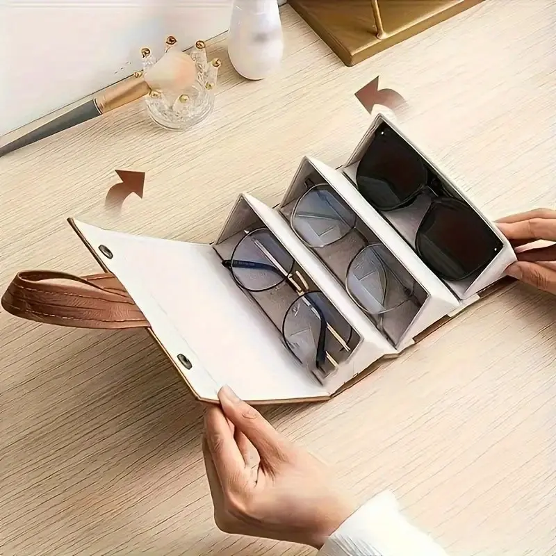 Durable Faux Leather-Like Portable Folding Glasses Case, Eyeglasses Holder, Eye Glasses Holders, Large Capacity Multi-Compartment Storage Box, Snap Closure Design, Unisex Fashion Accessory