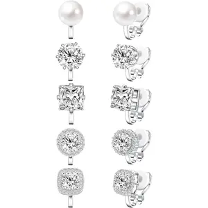Cubic Zirconia Clip on Earrings - Women Hypoallergenic Comfortable Non Pierced Stud Earrings for Wedding and Dance Competitions, Clip-on Earrings Silver Gold