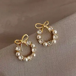 Faux Pearl & Rhinestone Decorated Bow Design Stud Earrings (1 Pair), Elegant Cute Jewelry for Party, Daily Clothing Decor for Girl, Trendy All-match & Exquisite Jewelry for Birthday Gift