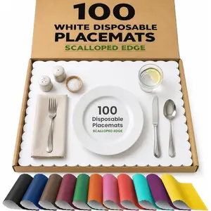 100 White Scalloped Paper Placemats – 10" x 14", 80 GSM, Disposable Table Mats in Dispenser Box