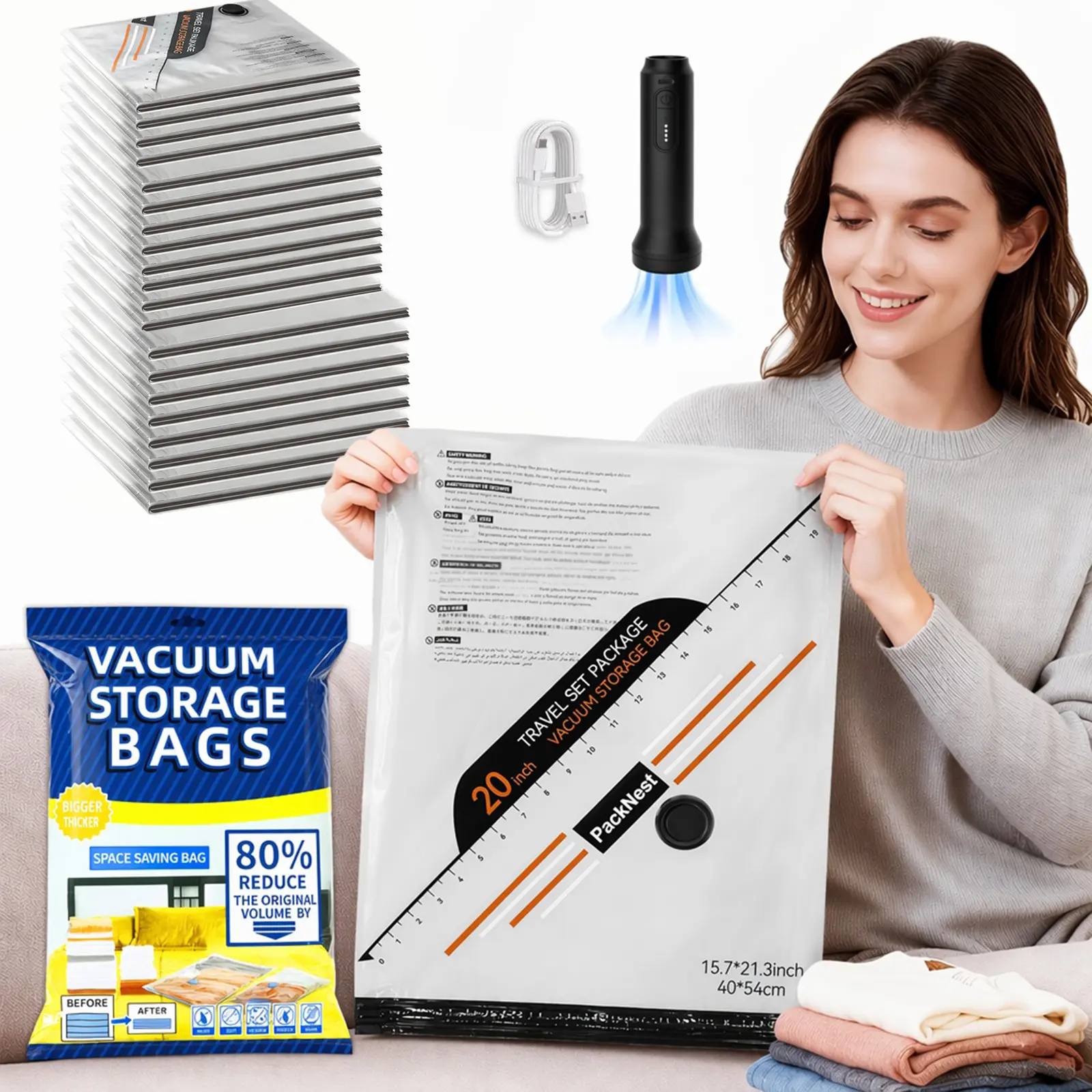 【Summer Vibes】Cordless Travel Vacuum Bag Set with Rechargeable Air Pump，15/20-Pack Space Saving Storage Bags, Airtight Resealing Sealed Organizers for Luggage, Sturdy Lightweight Clothes Storage Solution, Vacuum Bags For Travel
