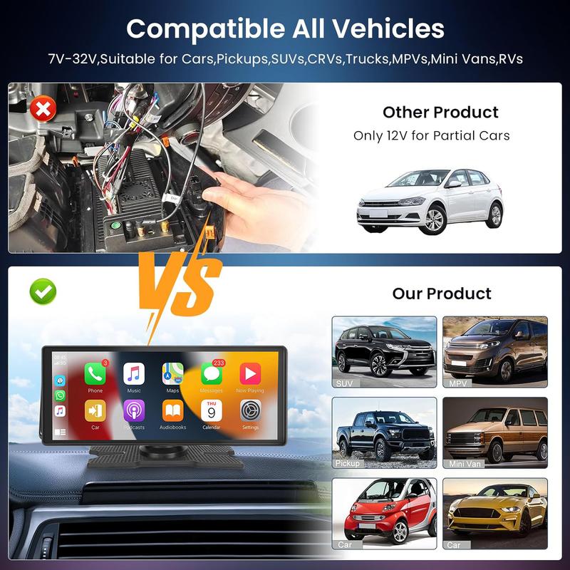 2025 10.3-inch Portable Carplay Screen for Car Compatible with Apple CarPlay and Android Auto,Wireless Car Play Unit with GPS Navigation,Bluetooth,Mirror Link, Rear Cam Touch Screen for All Vehicles