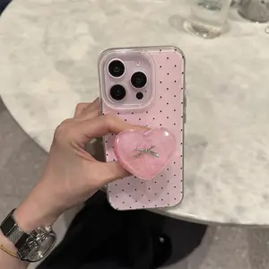Phone case suitable for iPhone Protective | Light pink full screen polka dots | Same style pink glitter bow love dropper bracket | Gift style | Phone case 11 12 13 14 15 16 17 Pro Max Cover Accessories