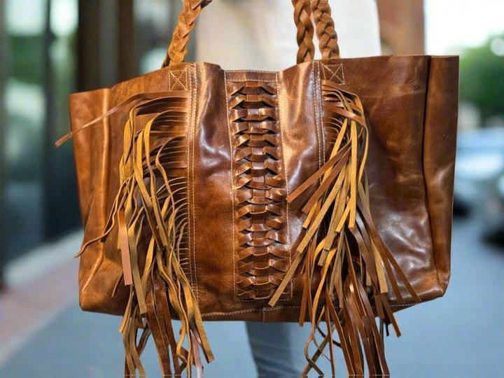 Untammed Traveler Weekender Bag - Leather Tote with Braided Straps & Fringe - Spacious Inside Pocket - Black Brown Red Options
