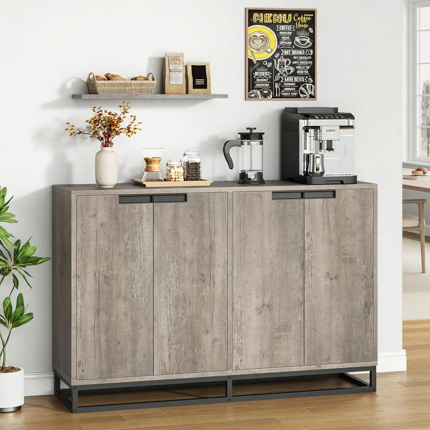 Sideboard Buffet Cabinet with Storage, 55" Accent Sideboard with 4 Doors and Adjustable Shelves, Modern Credenza, Wood Coffee Bar Console Cabinet for Living Room, Dining Room, Entryway