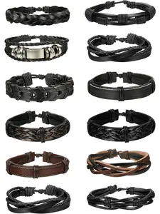 12Pcs Braided Bracelet for Men Beaded Bracelets Wrap Leather Wooden Bracelets Adjustable Boho Style Bracelet