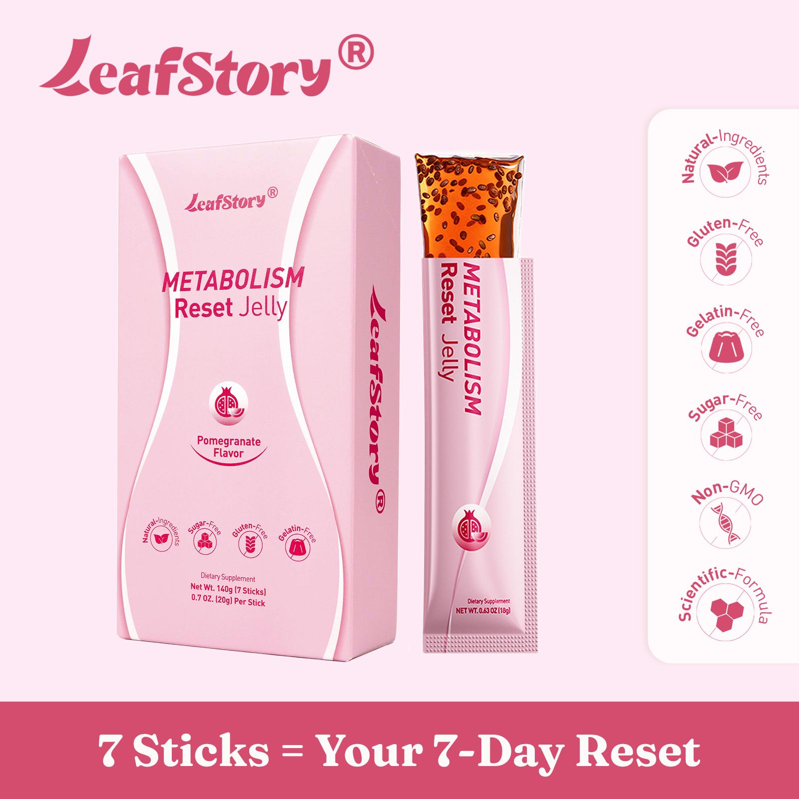 LeafStory Metabolism Reset Jelly (7 Sticks): Pomegranate Flavor, Support Metabolism & Energy, Support Digestion & Gut Health, Sugar-Free, Skin Elasticity, Hair & Nails, Gluten-Free, Non-GMO, Gelatin-Free-F