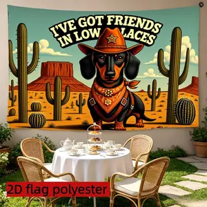 2D Flat 1PC Polyester Western Dachshund Backdrop Cowboy Cactus Decor for Indoor & Outdoor Western Themed Party Photo Backdrop Available in Multiple Sizes