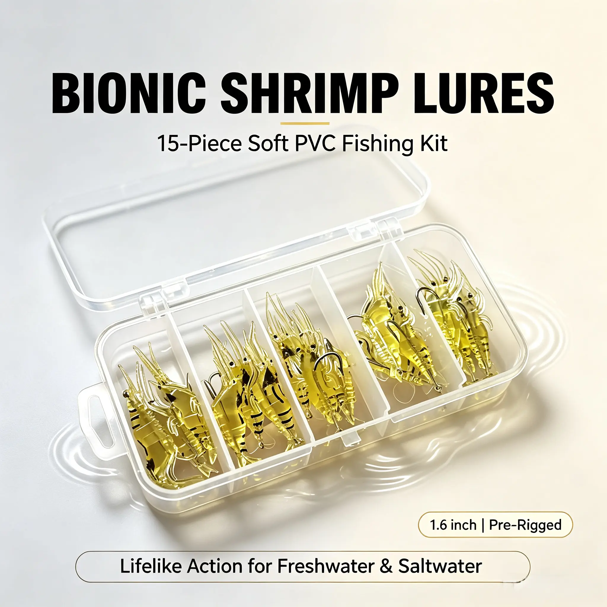 15PCS Bionic Shrimp Lures Kit, 1.6" Soft PVC Artificial Shrimp Baits, Pre-Rigged Fishing Swimbait Lures with Tackle Box, Realistic Soft Plastic Shrimp for Bass, Trout, Crappie, Redfish, Snook, Saltwater & Freshwater Fishing