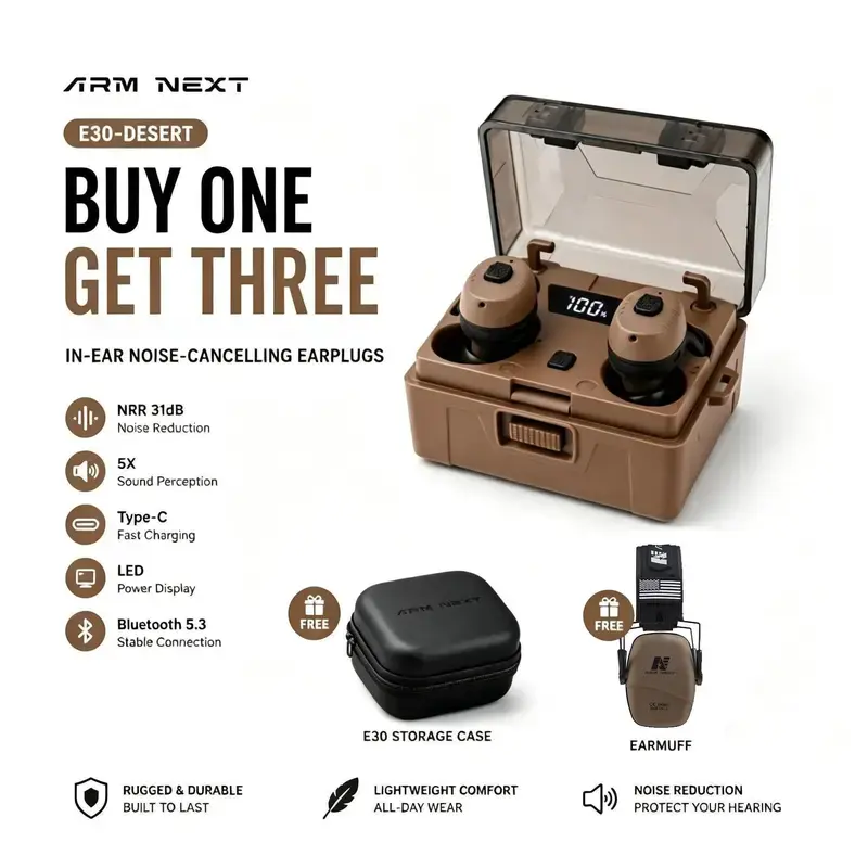 ARM NEXT FieldOps Tactical Earbuds E30 Hearing Protection with Bluetooth, 31dB Noise Reduction for Shooting Wireless Tactical Earbuds with Sound Pickup, Bluetooth 5.4, 50H Playtime, LED Display, for Hunting & Work outdoorfun fathersdayg,fath