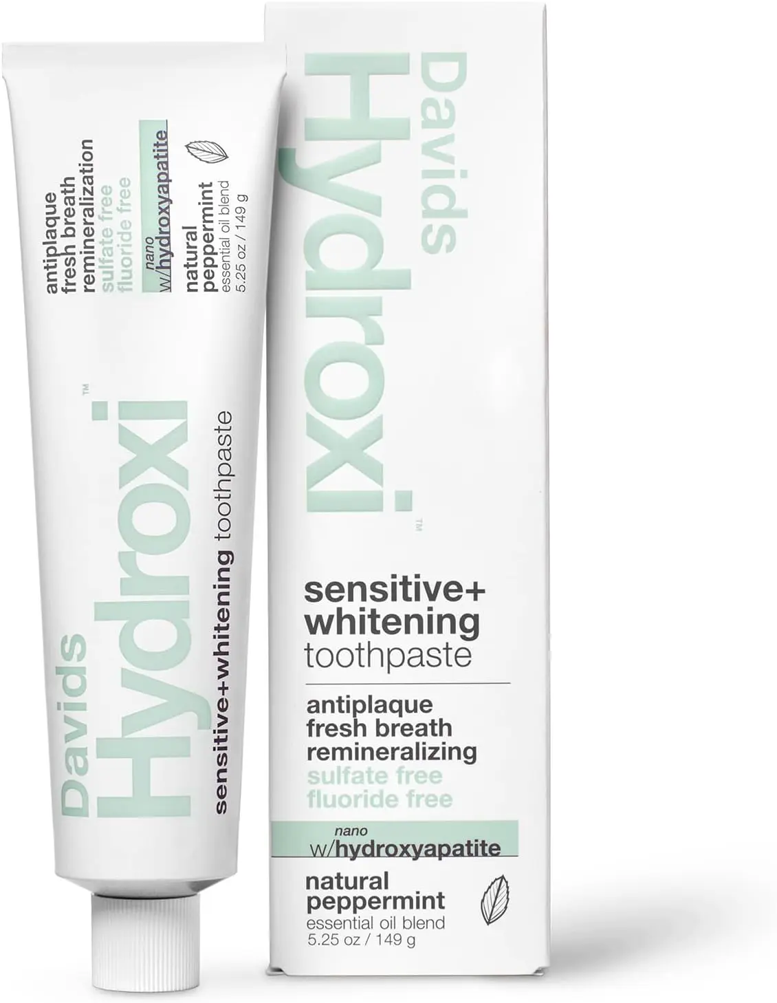 Davids Nano Hydroxyapatite Toothpaste Sensitive Whitening Peppermint 5.25oz | Fluoride Free | Remineralizing | Enamel Health | Antiplaque | SLS Free | Made in USA | Recyclable Metal Tube | EWG Verified
