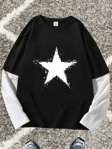 Women's Star Print Loose Fit Long Sleeve Round Neck T-Shirt, Fashion Street Style Casual Top, Comfortable Trendy Gift