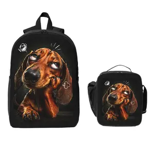 Cute Adorable Dachshund Dog Backpack and Lunch Bag Set Bundle Large Capacity Backpack with Insulated Lunch Tote Lightweight Durable Water Resistant Multi Pocket Design Comfortable Shoulder Straps Travel Daily Use Organizer Stylish Matching Set Unisex